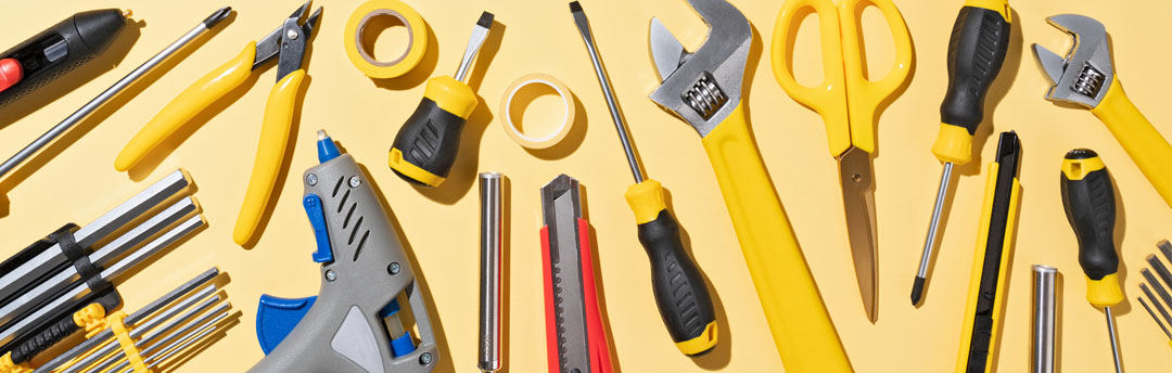 Banner image for OCLC Next blog post: More than maintenance: Four reasons to update holdings. Image shows many different household and workshop tools that might often be used in maintenance